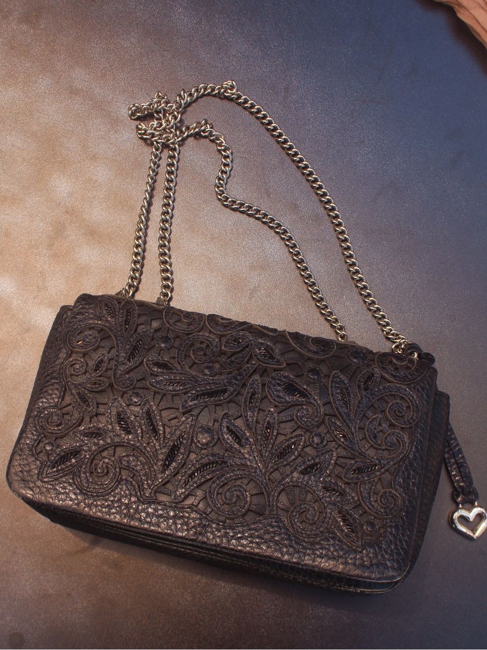 Brighton Black Embroidered Leather Crossbody with Gold Chain Strap - NWOT